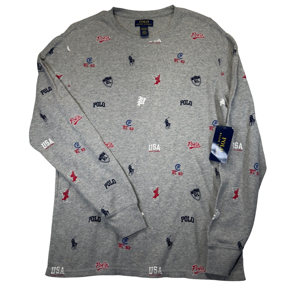 Polo Ralph Lauren Men's L Allover Pony Logo Waffle Knit Thermal Shirt Gray NWT